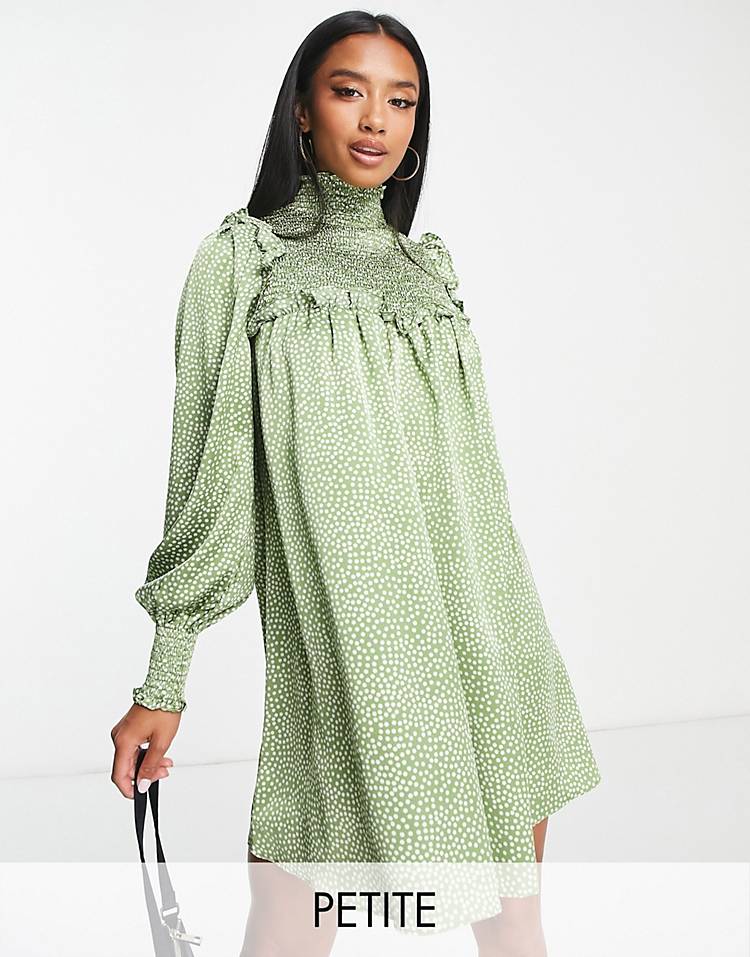 Glamorous Petite shirred neck mini smock dress in green spot